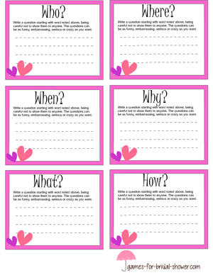 prinrable bridal shower game cards in pink color