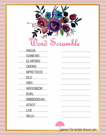 Bridal Shower Word Scramble Printable in Pink Color