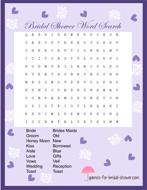 word search game in lilac color for bridal shower