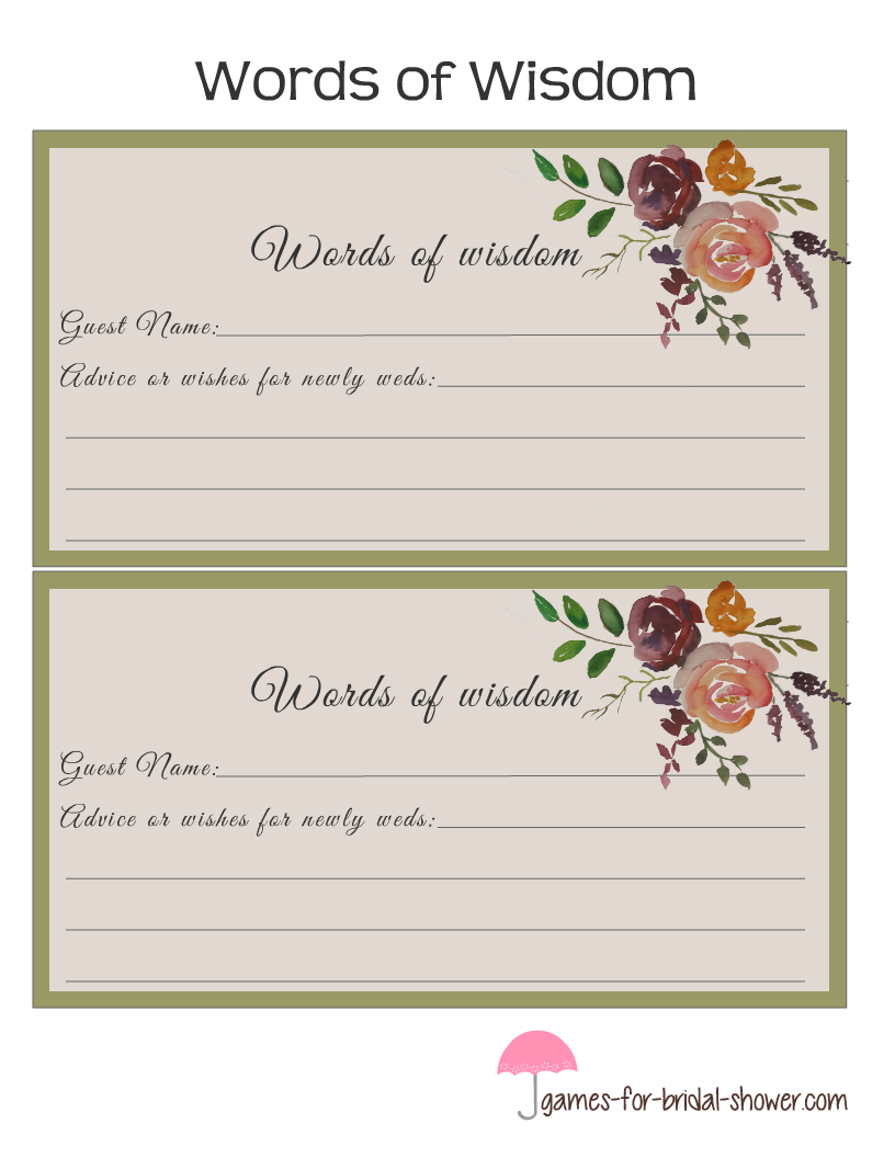 Free Printable Bridal Shower Words Of Wisdom Cards