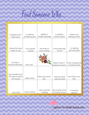 Bridal Shower Guest Bingo Game in Purple color