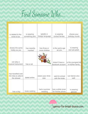 Free printable bridal shower guest bingo in Mint color