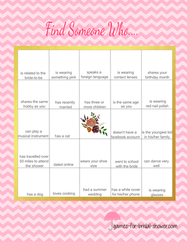 Free printable bridal shower guest bingo game in pink color