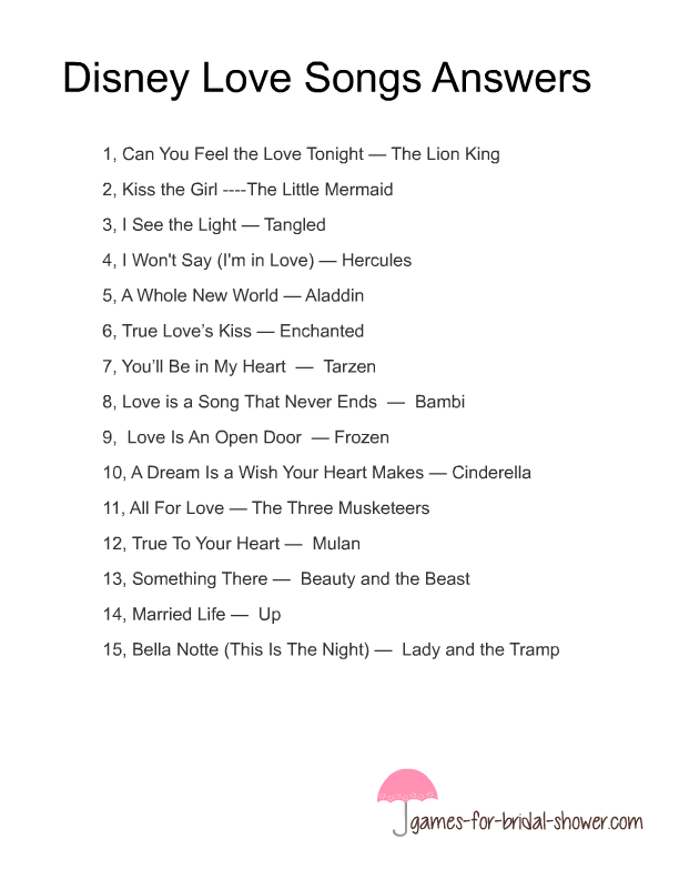 Disney Love Songs Game Answers