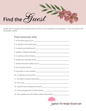 Find the guest bridal shower game in pink color