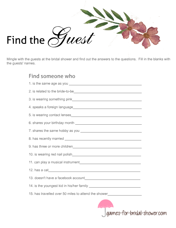 Find The Guest Bridal Shower Free Printable