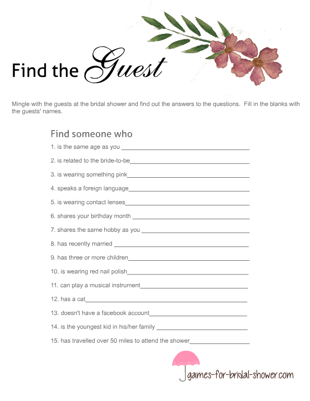 Free Printable Find the Guest, icebreaker game