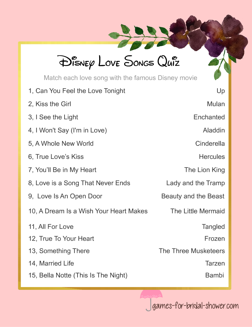 Free Printable Disney Love Songs Quiz