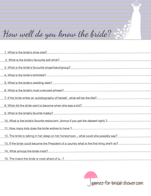Free Printable how well do you know the bride game