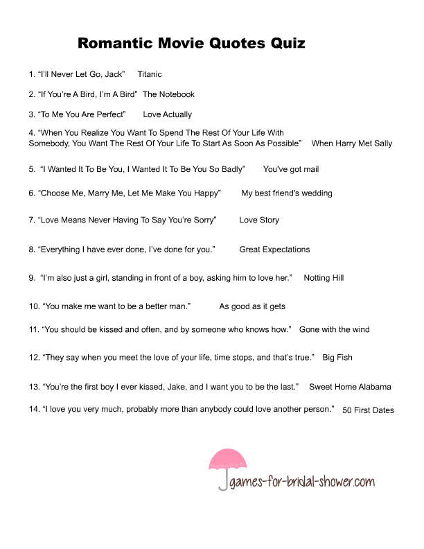 Free Printable Romantic Movie Quotes Quiz