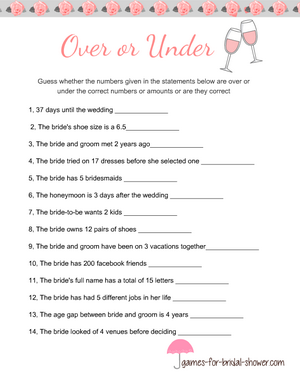 Over or under bridal shower game printable in pink color