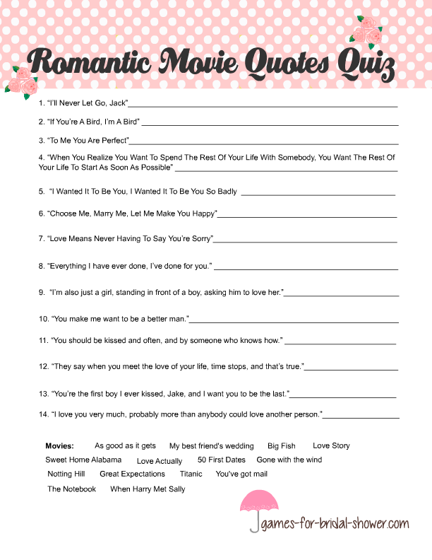 Free Printable Romantic Movie Quotes Quiz