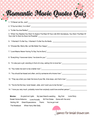 Free printable romantic movie quotes quiz in pink color
