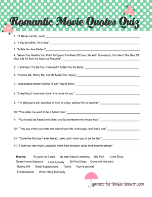 Free printable romantic movie quotes game in mint color