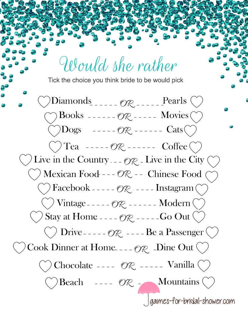 Free Printable Would She Rather Bridal Shower Game