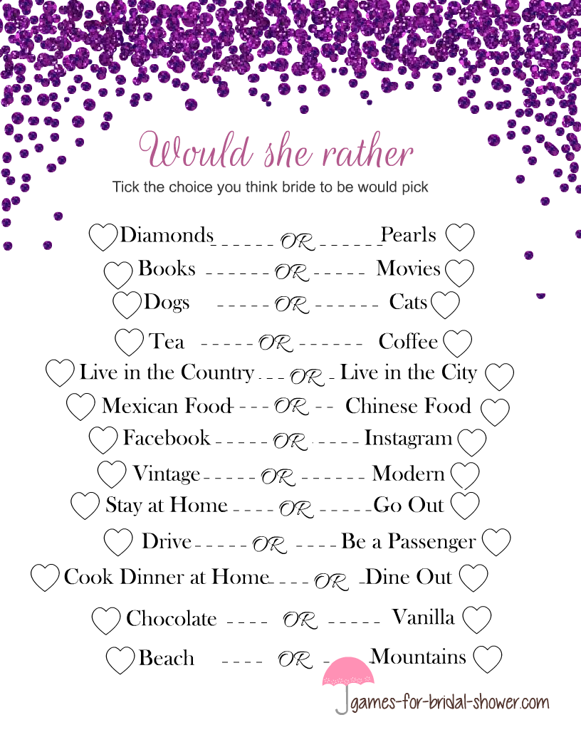 Free Printable Would She Rather Bridal Shower Game