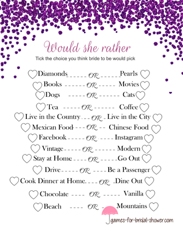 free printable would she rather bridal shower game in purple color