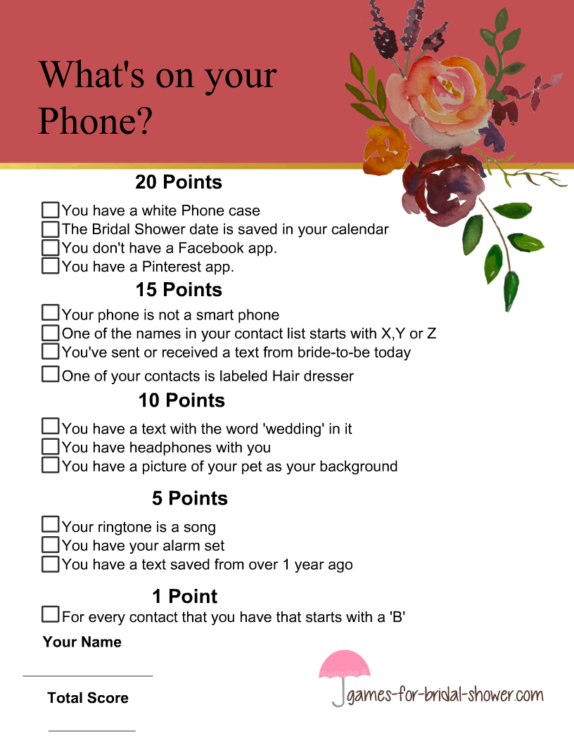 Wedding Shower Virtual What's on Your Phone Party Games Bridal Shower Game Instant Download Hen Party Bachelorette Printable