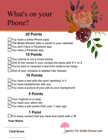 Free Printable What's in Your Phone Bridal Shower Game